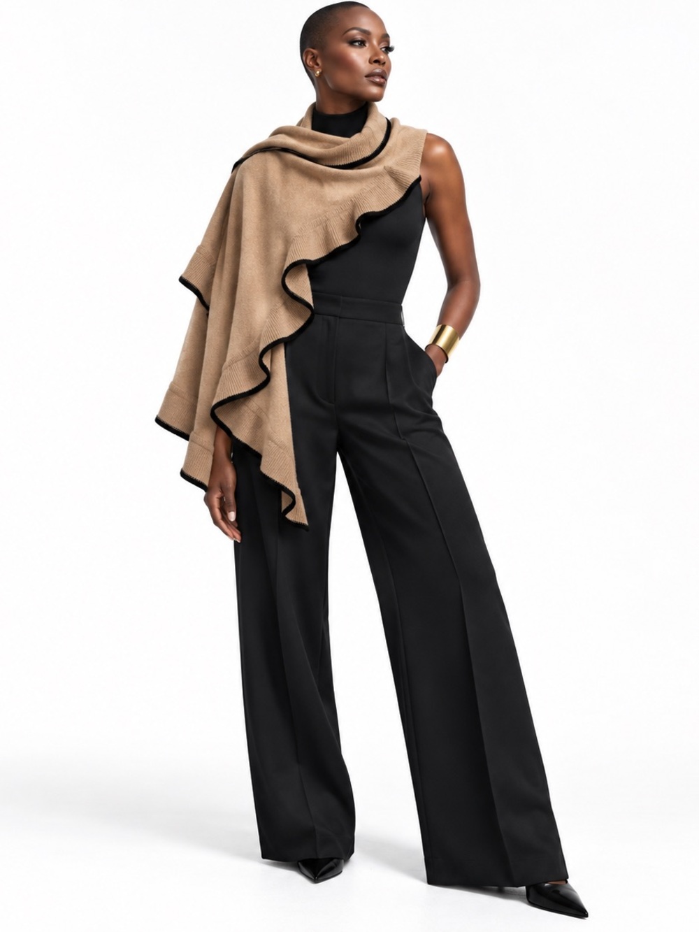 Nordstrom 100% Wool Camel Black Trim Ruffle Wrap Shawl One Size